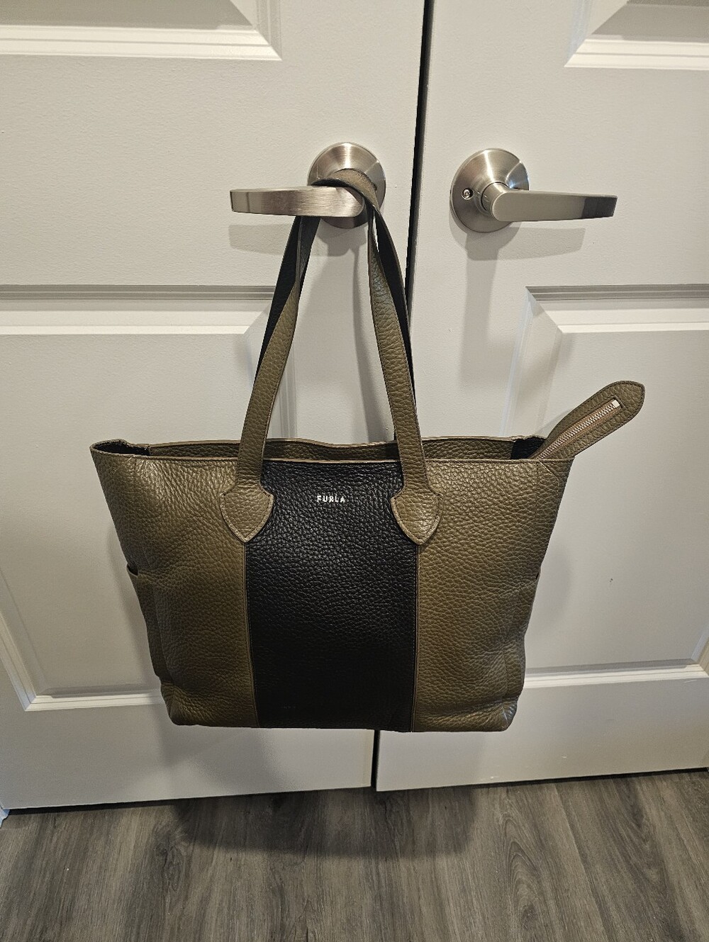 Furla Olive Green and Black Two-Tone Leather Tote
